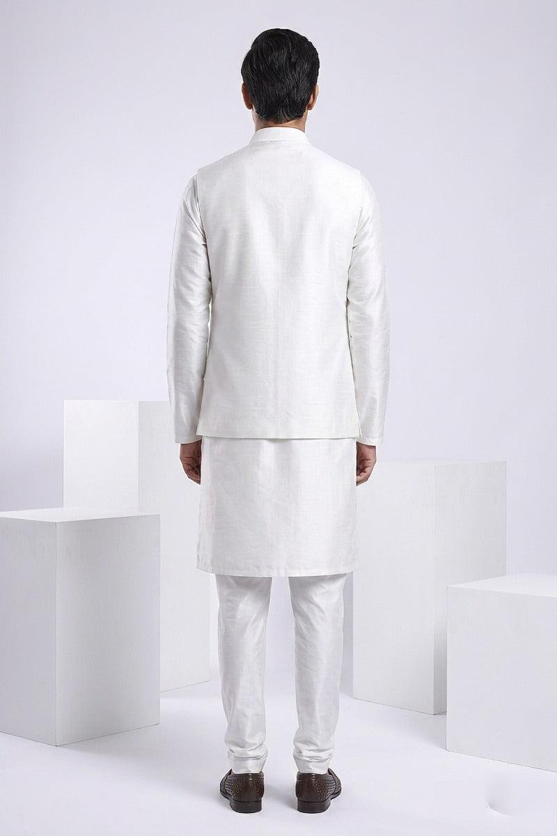 Light grey kurta set with mirror and thread work bundi