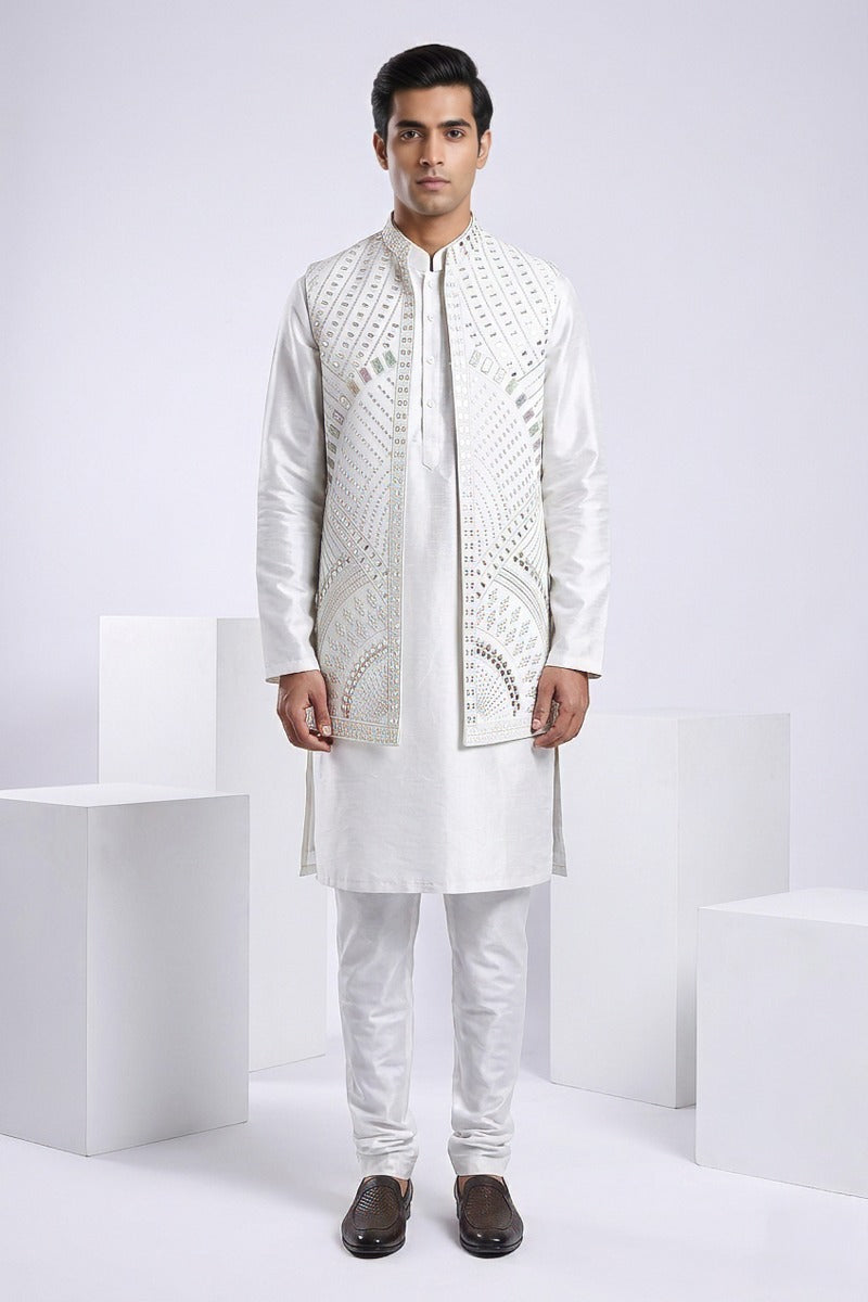 Light grey kurta set with mirror and thread work bundi