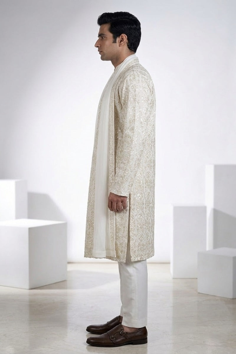 White colour kurta top and dupatta with allover thread embroidery