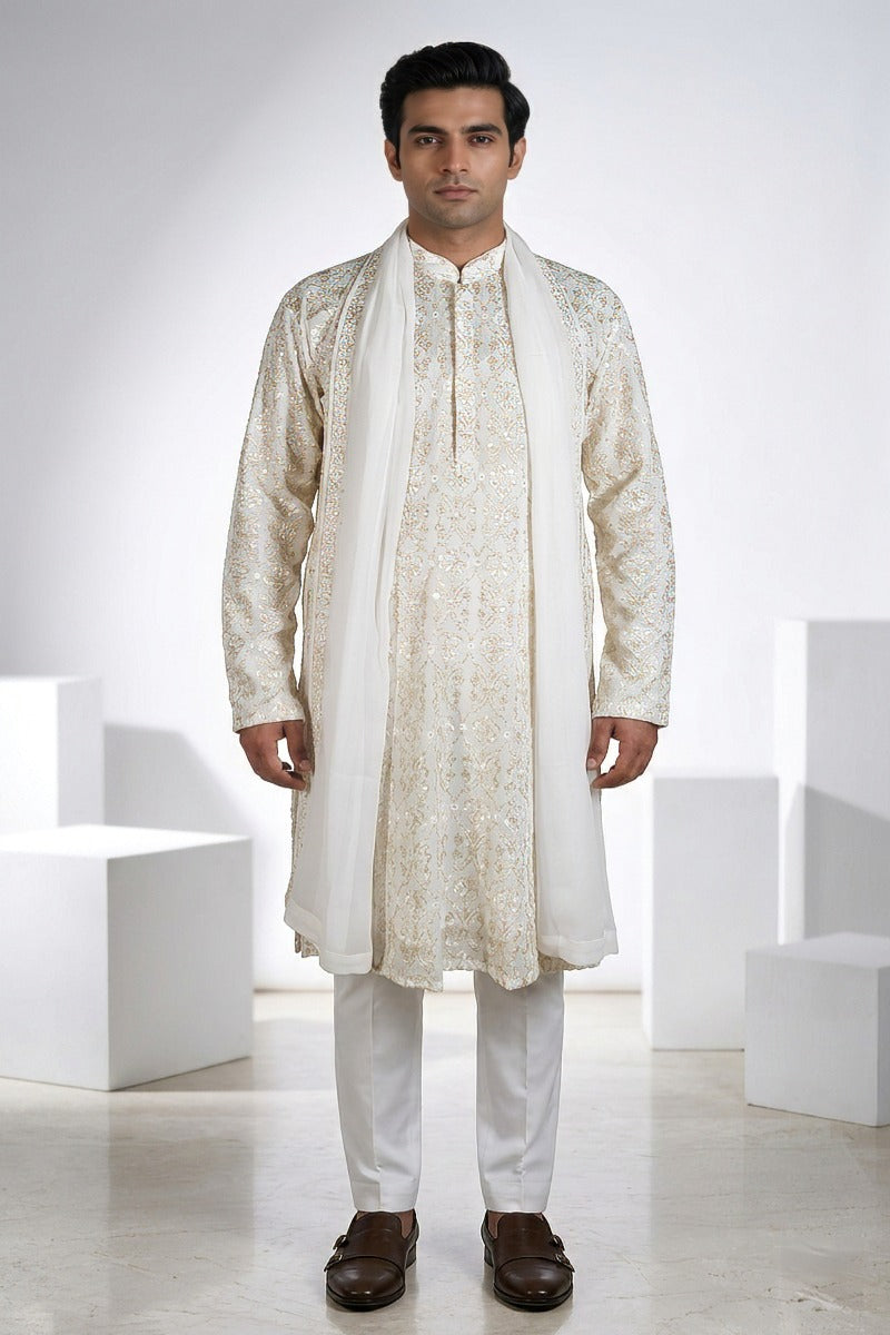 White colour kurta top and dupatta with allover thread embroidery