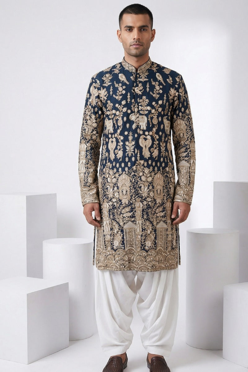 Peacock blue kurta top with thread work and embroidery