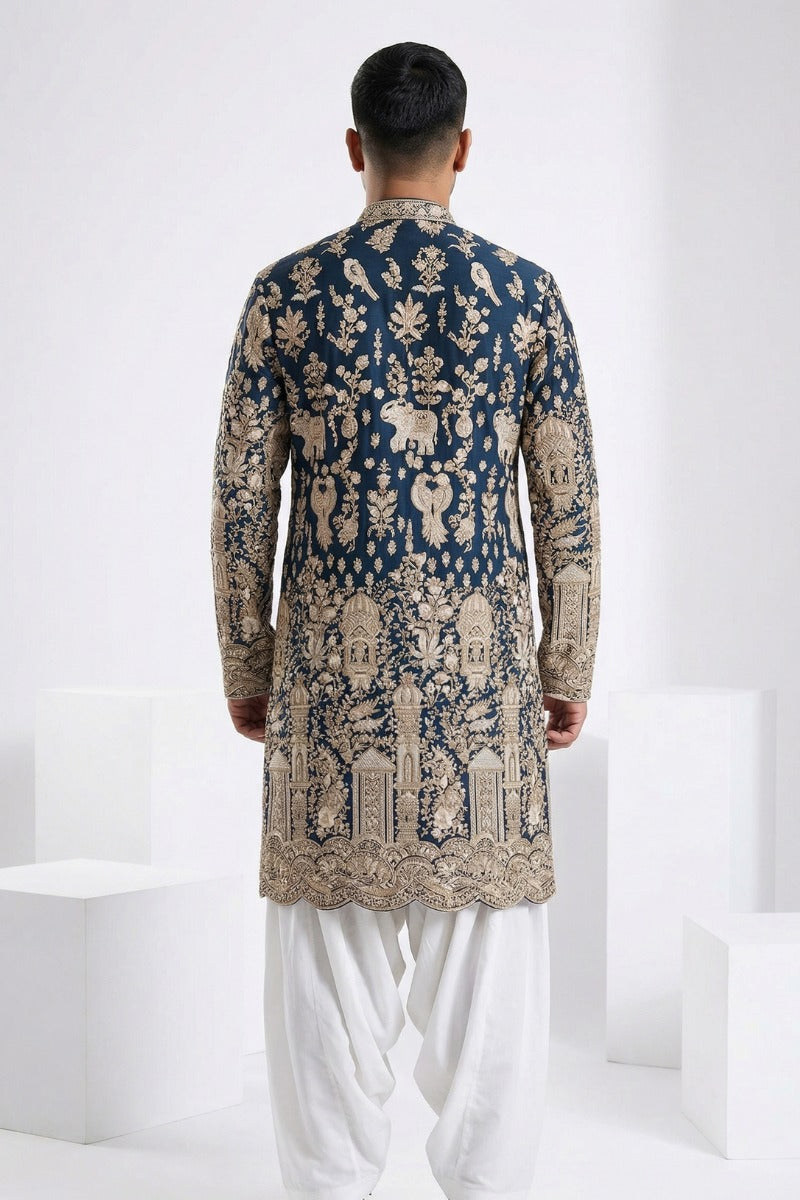 Peacock blue kurta top with thread work and embroidery