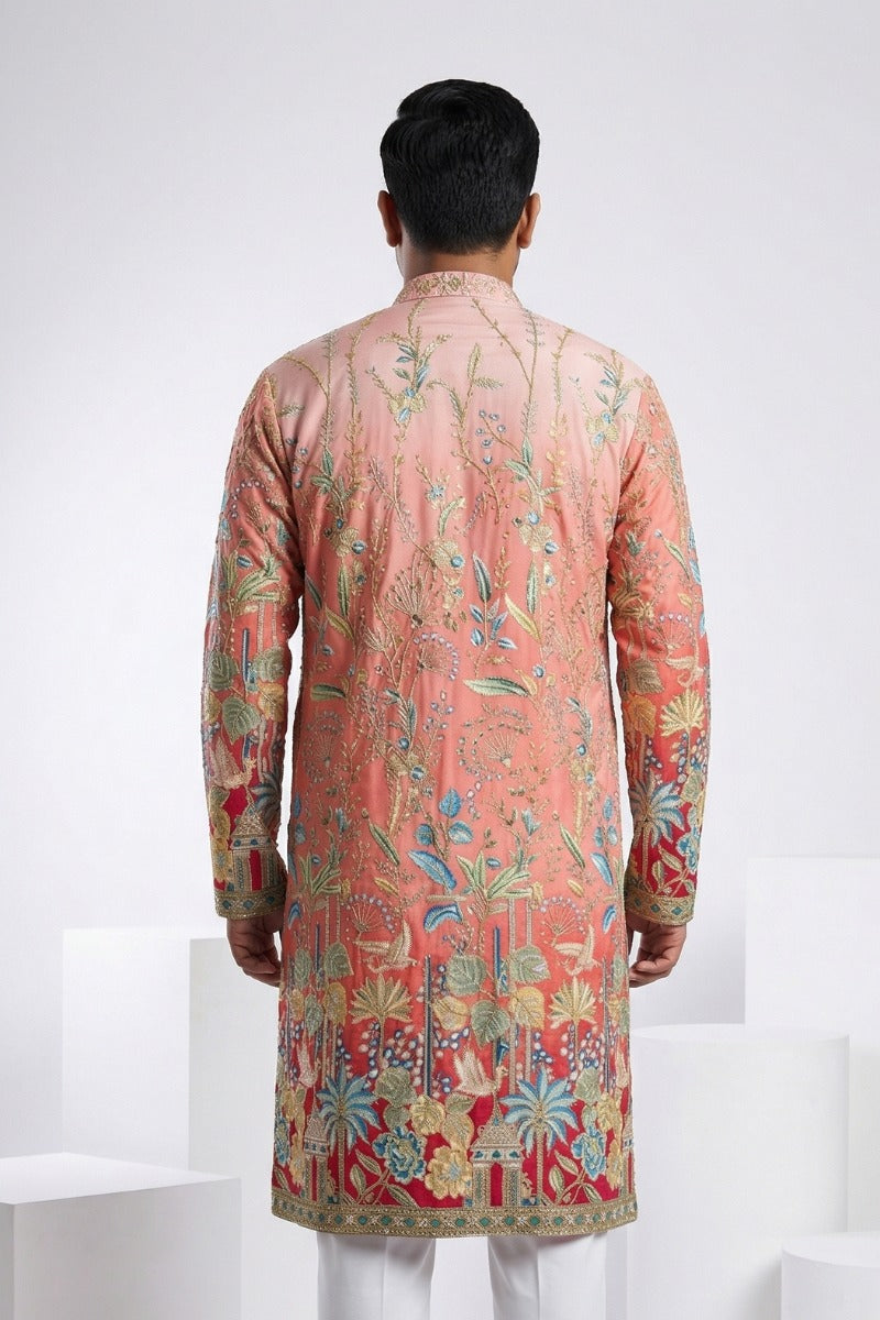 Pink colour kurta top with floral and architectural design embroidery