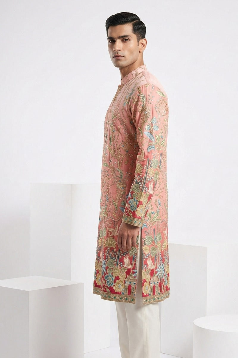 Pink colour kurta top with floral and architectural design embroidery
