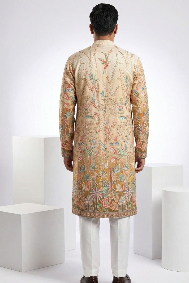 Cream colour kurta top with floral and architectural design embroidery