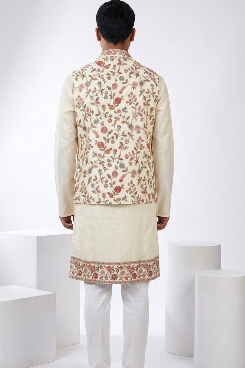 Gold colour kurta top with colourful thread work bundi