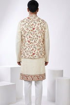 Gold colour kurta top with colourful thread work bundi