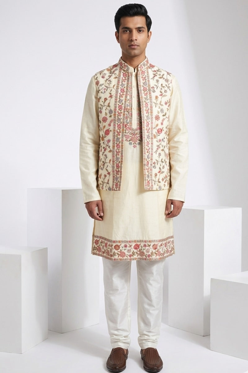 Gold colour kurta top with colourful thread work bundi