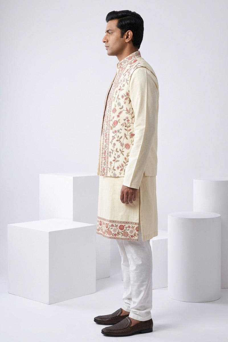 Gold colour kurta top with colourful thread work bundi