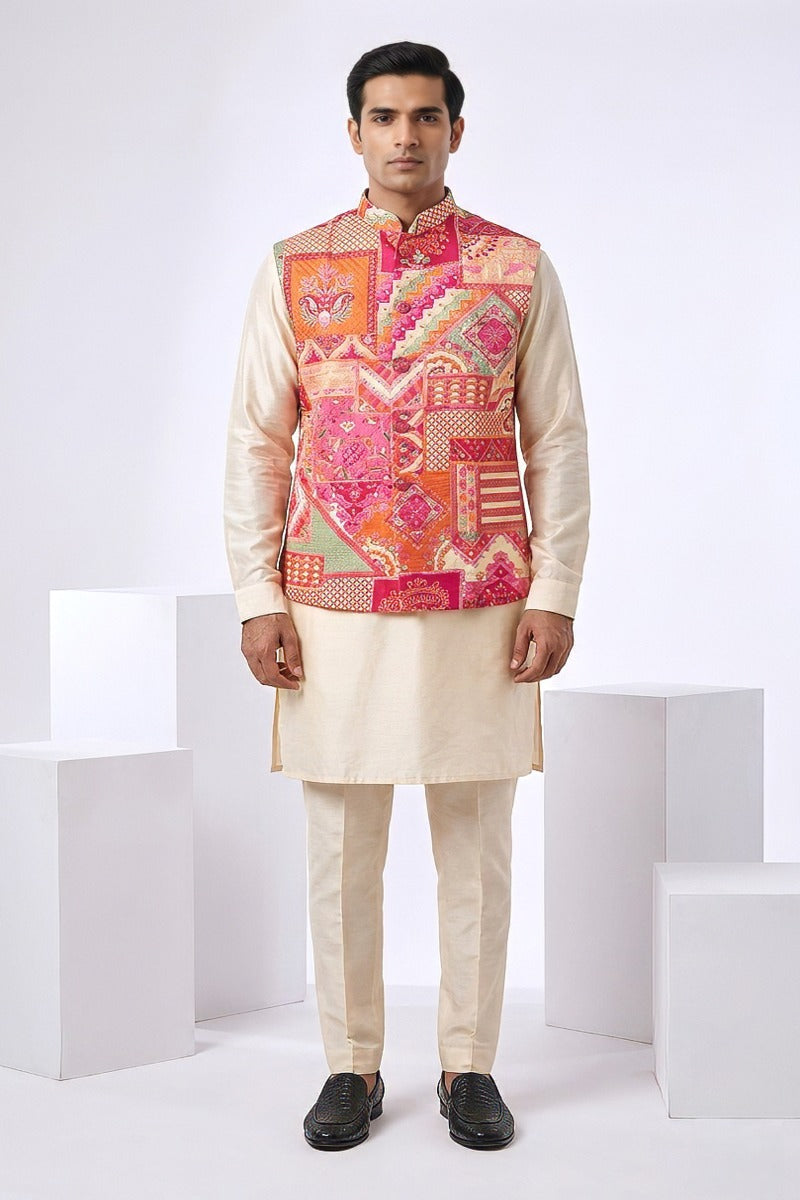 Plain white  kurta set with printed bundi