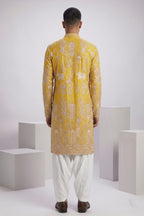 Yellow colour georgetta fabric kurta top with allover thread embroidery