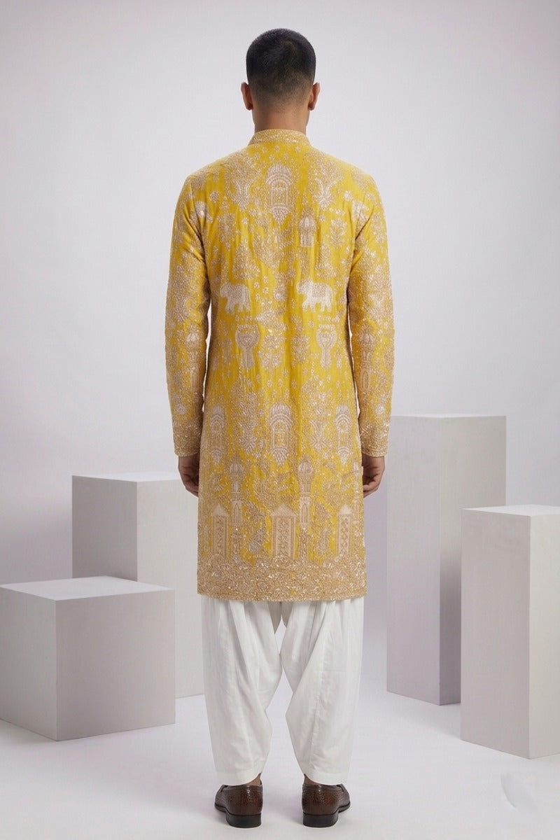 Yellow colour georgetta fabric kurta top with allover thread embroidery