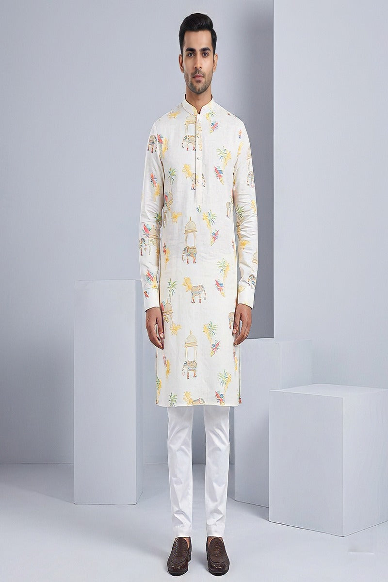 Cream kurta top with elephant print motifs