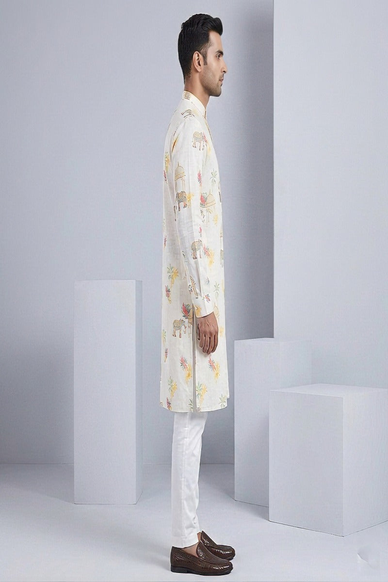 Cream kurta top with elephant print motifs