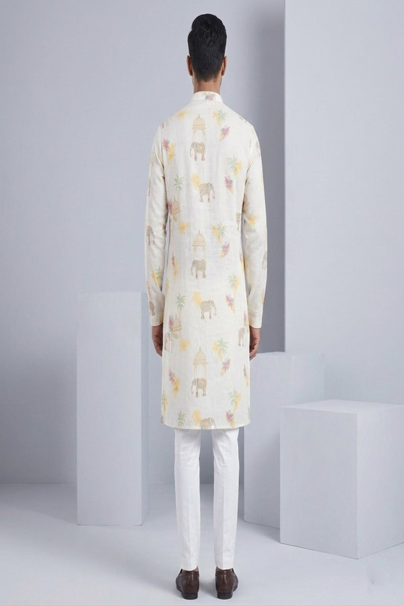 Cream kurta top with elephant print motifs