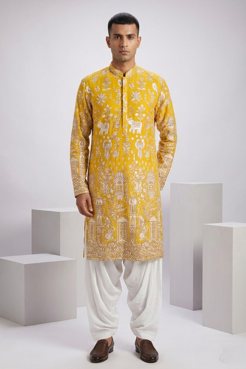 Yellow colour georgetta fabric kurta top with allover thread embroidery