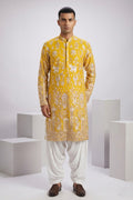 Yellow colour georgetta fabric kurta top with allover thread embroidery