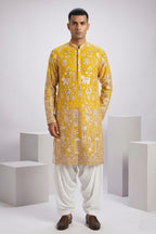 Yellow colour georgetta fabric kurta top with allover thread embroidery