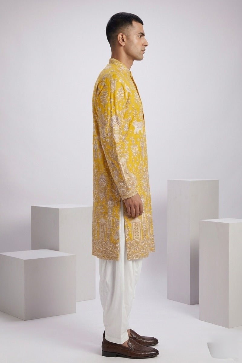 Yellow colour georgetta fabric kurta top with allover thread embroidery