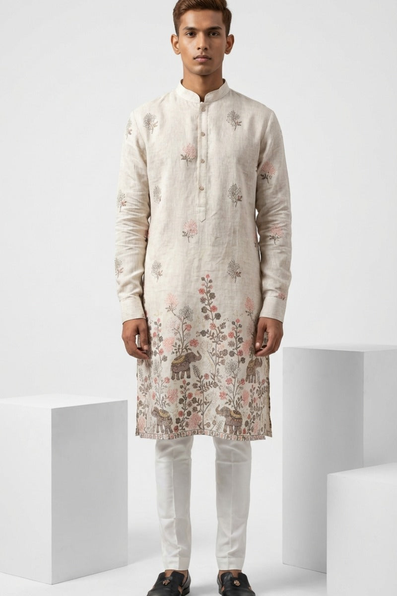 Natural semi cotton kurta with thread work