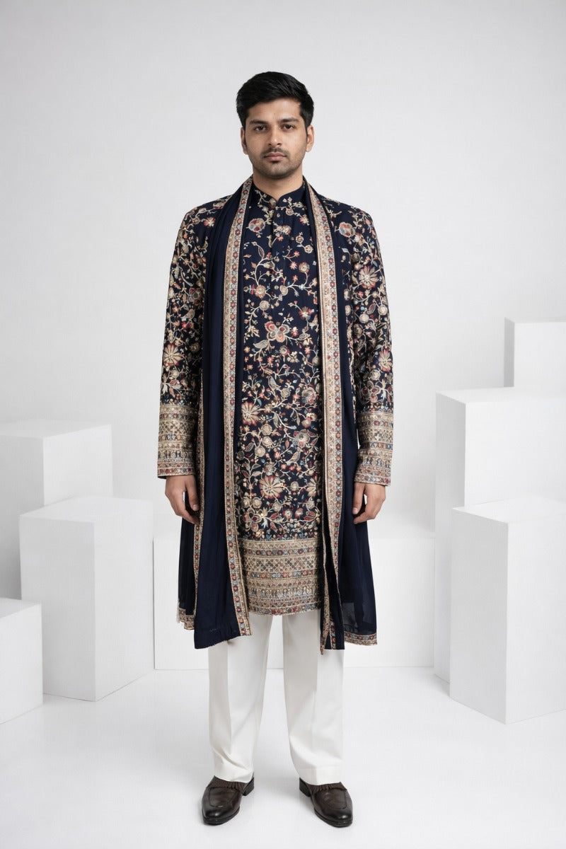 Black colour kurta top and dupatta with allover colourful thread work