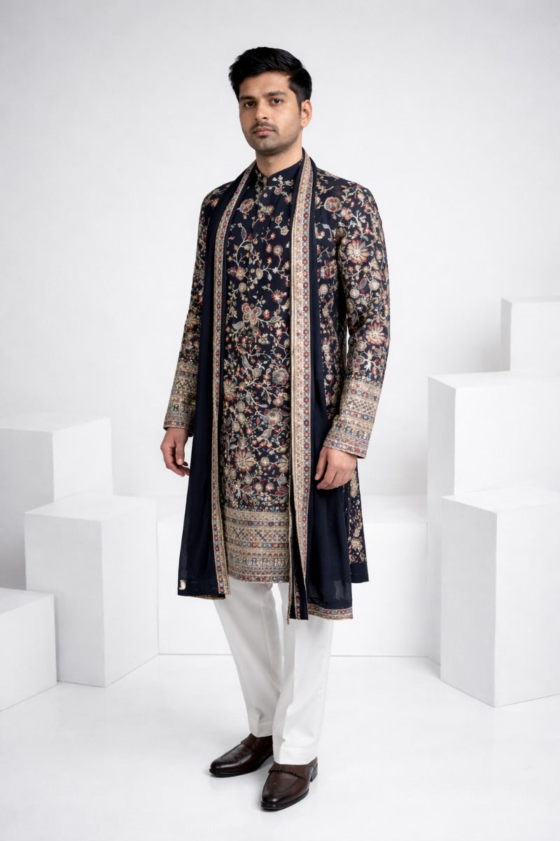 Black colour kurta top and dupatta with allover colourful thread work