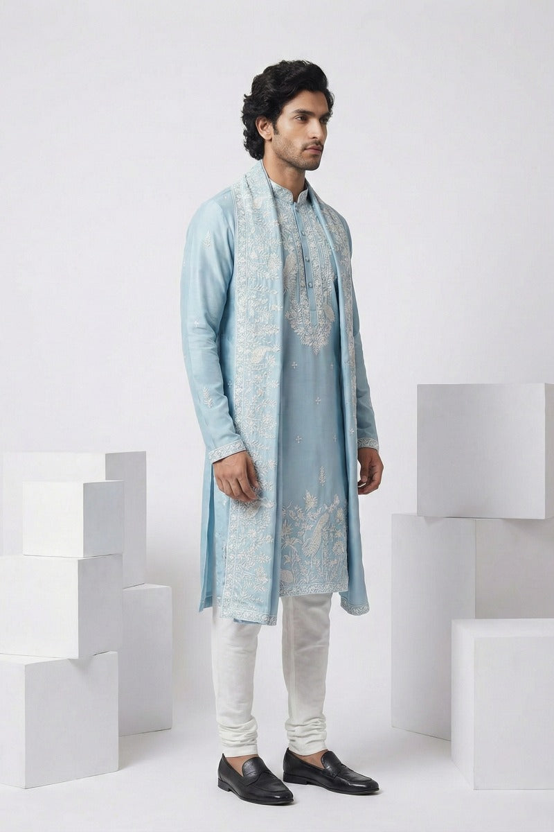 Sky blue kurta with thread work and dupatta