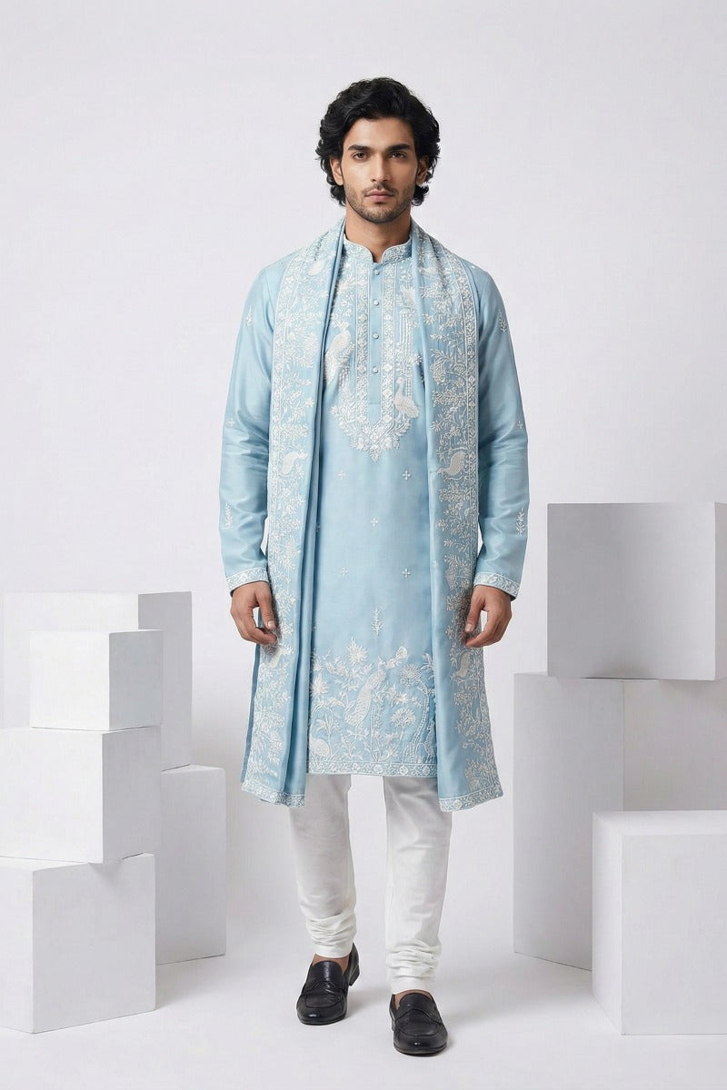 Sky blue kurta with thread work and dupatta