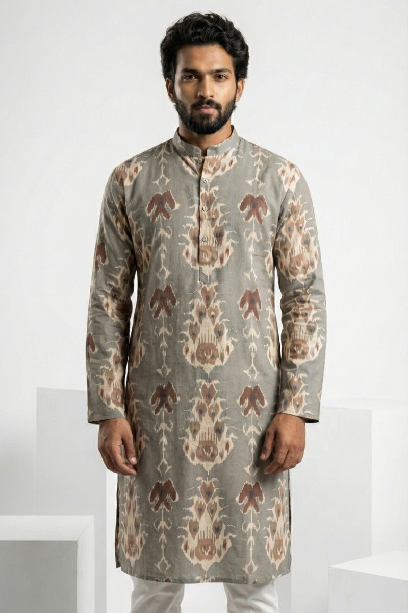 Mehndi color printed cotton blend kurta top with a half zipper
