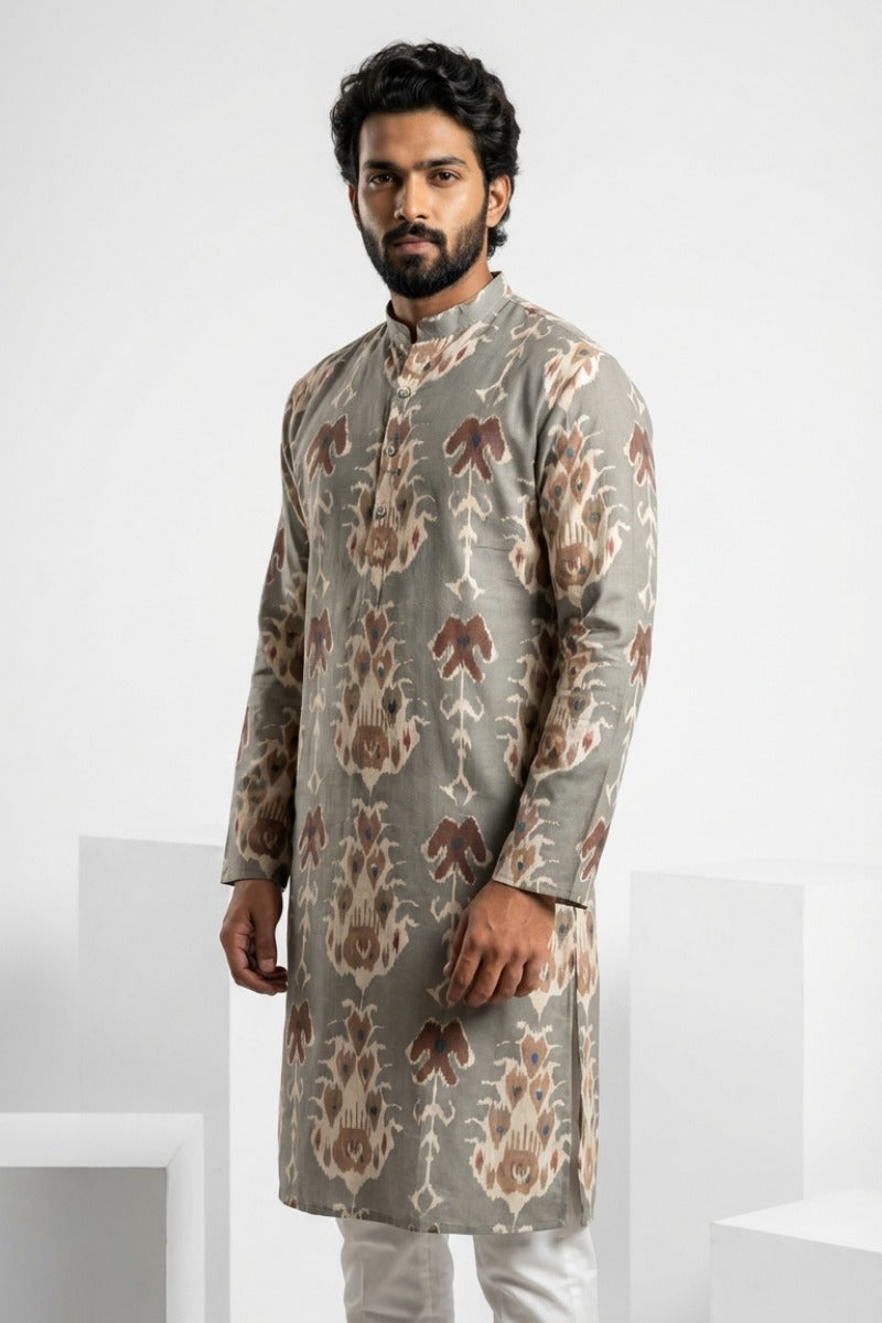 Mehndi color printed cotton blend kurta top with a half zipper