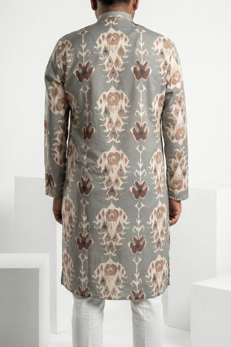 Mehndi color printed cotton blend kurta top with a half zipper