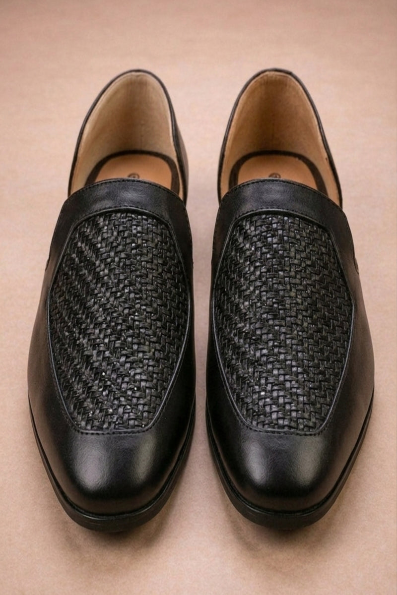 Black leather peshawari sandals with a woven texture on the vamp