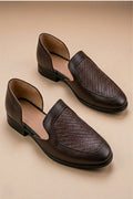 Brown leather peshawari sandals with a woven texture on the vamp