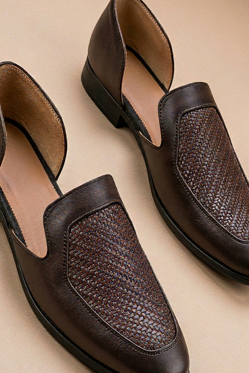 Brown leather peshawari sandals with a woven texture on the vamp