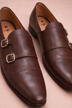 Brown synthetic leather double monk strap formal shoes