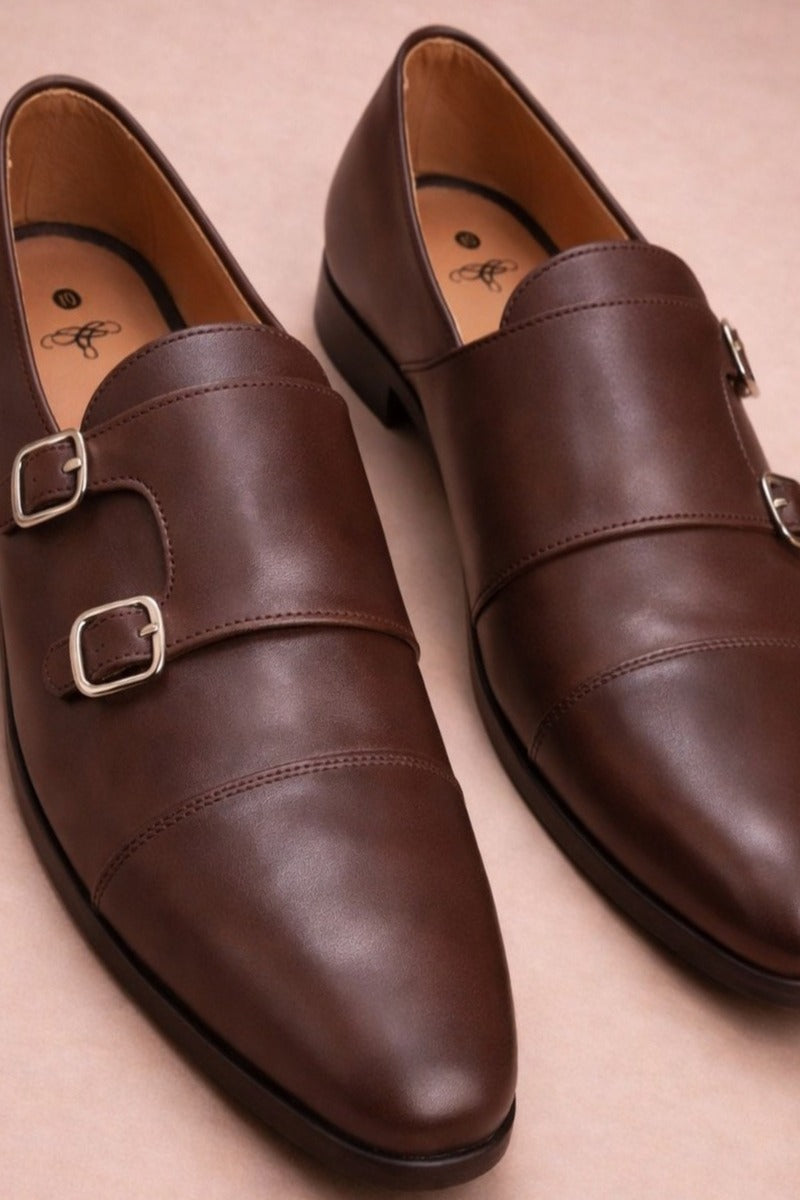 Brown synthetic leather double monk strap formal shoes
