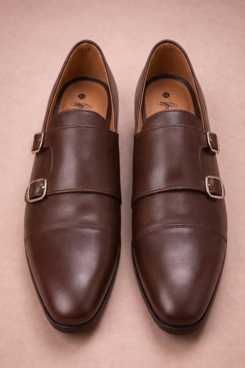 Brown synthetic leather double monk strap formal shoes
