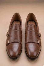 pair of ten synthetic leather double monk strap formal shoes
