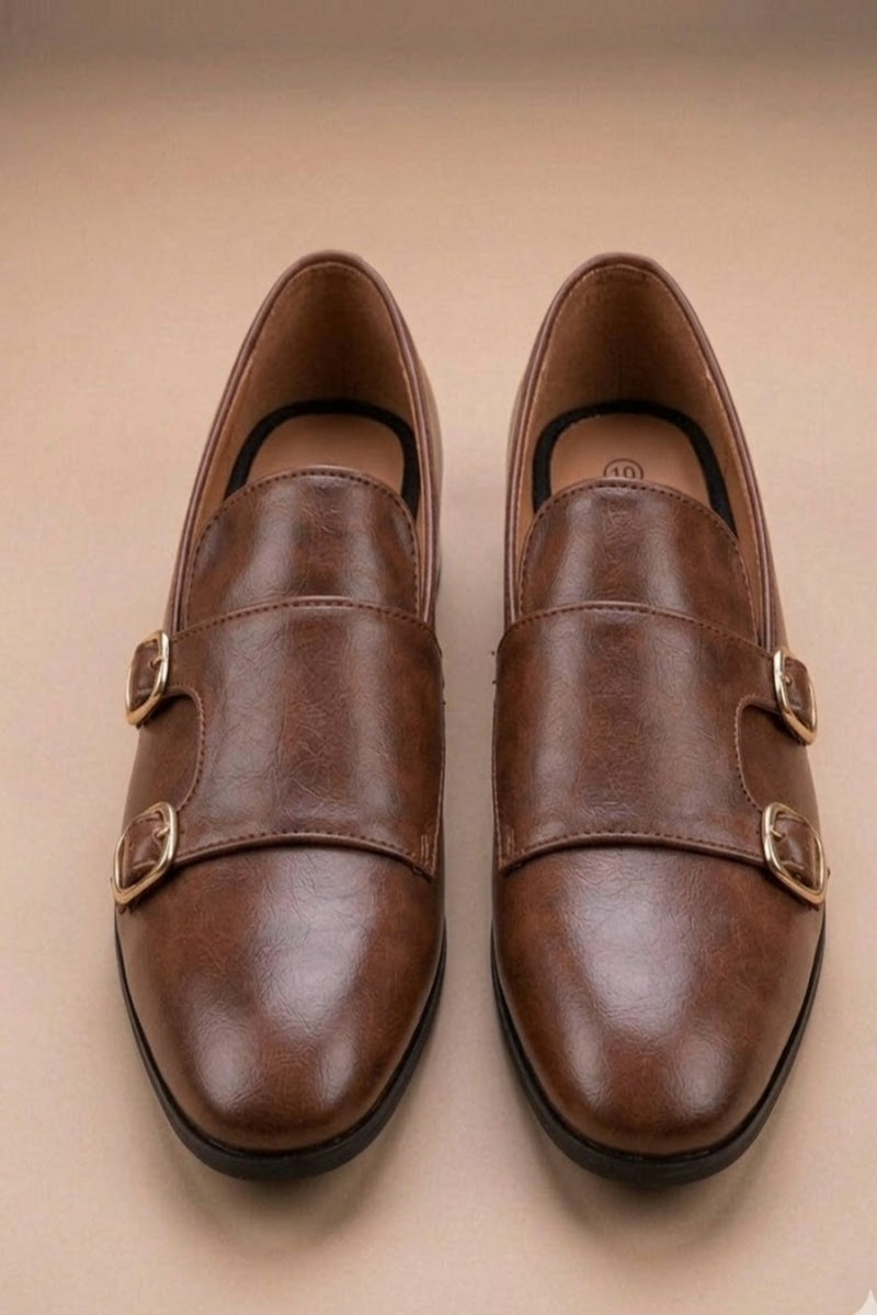 pair of ten synthetic leather double monk strap formal shoes