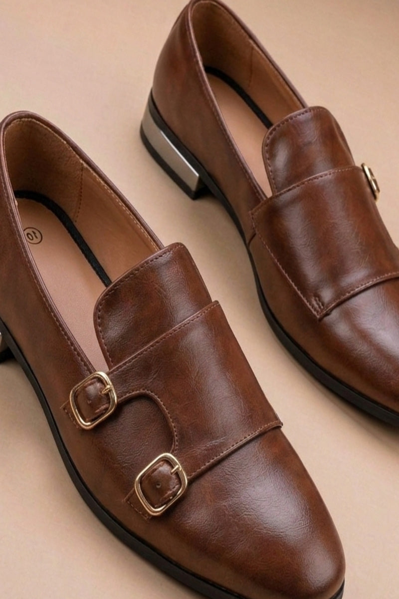 pair of ten synthetic leather double monk strap formal shoes