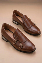 pair of ten synthetic leather double monk strap formal shoes