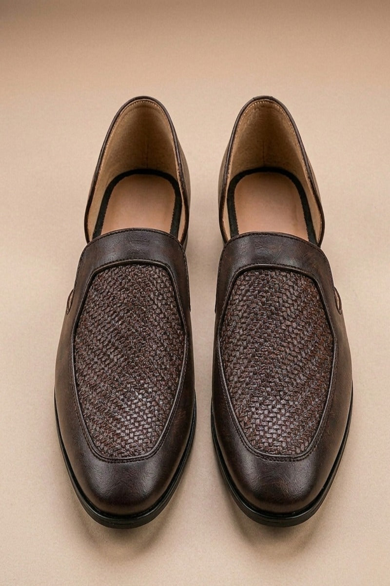 Brown leather peshawari sandals with a woven texture on the vamp
