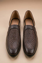 Brown leather peshawari sandals with a woven texture on the vamp