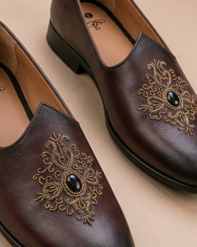 Wine colour loafer with handwork embroidery