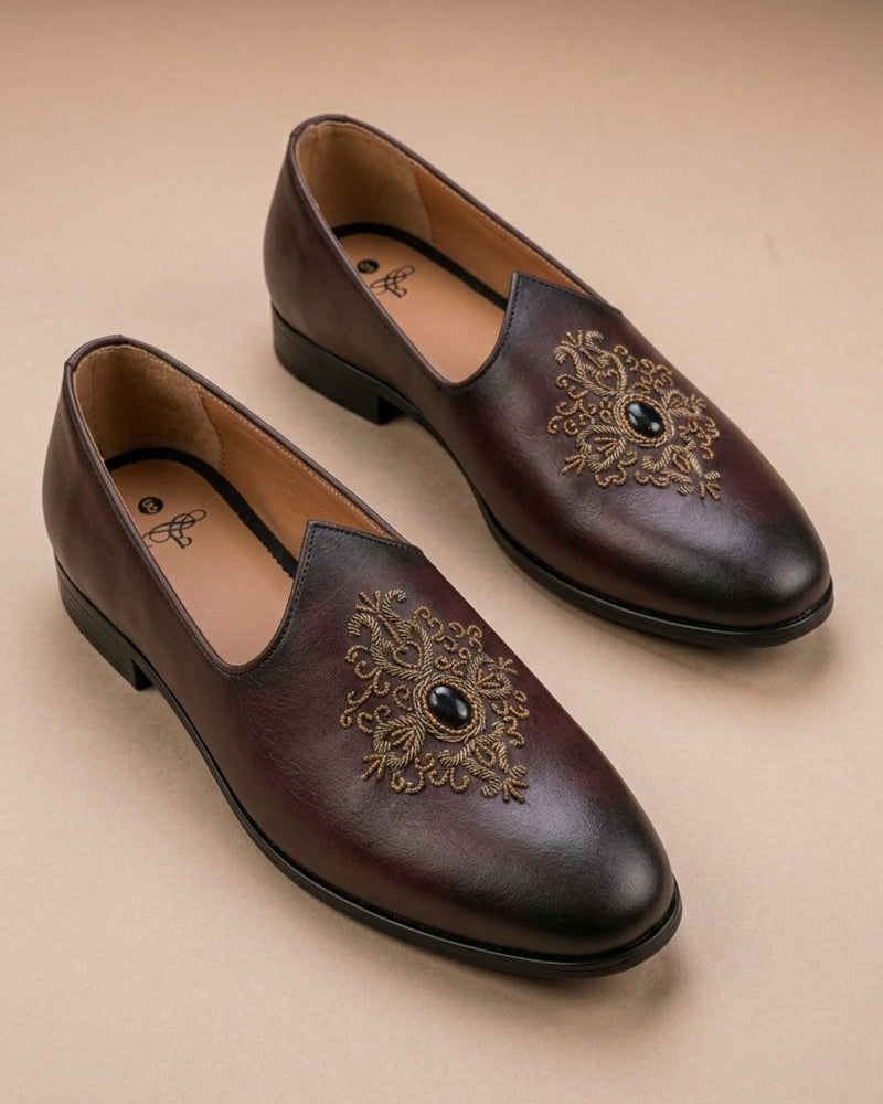 Wine colour loafer with handwork embroidery