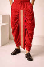 Red colour Cheeri silk dhoti and dupatta with gold zari border  and elastic drawstring waist