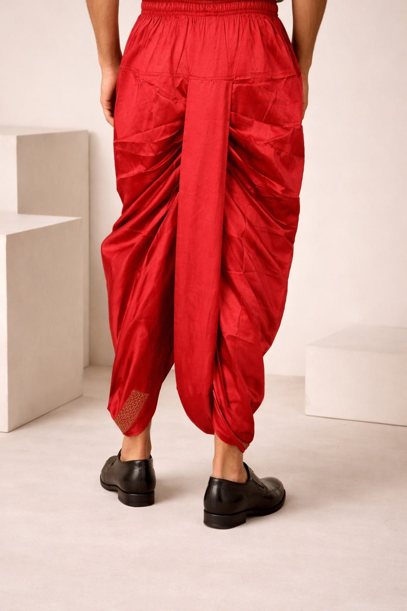Red colour Cheeri silk dhoti and dupatta with gold zari border  and elastic drawstring waist