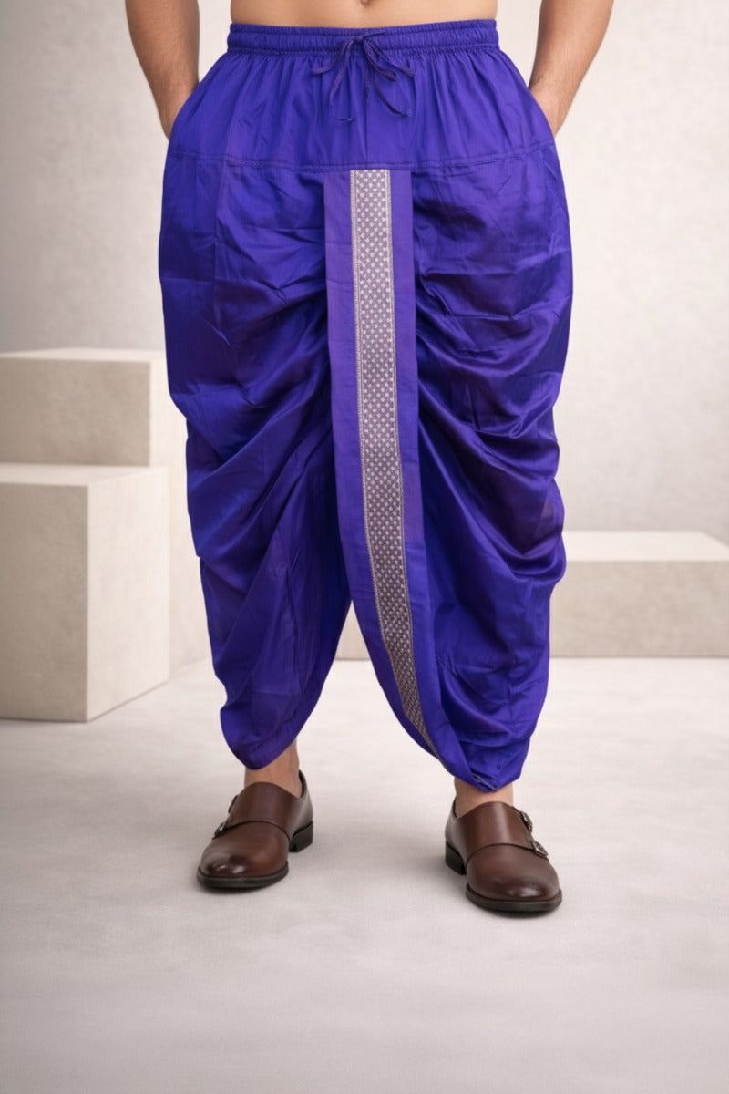purple colour Cheeri silk dhoti and dupatta with gold zari border  and elastic drawstring waist