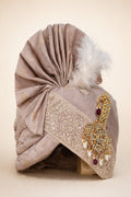 Rose gold  Colour Chanderi safa with embroidered lace & Brooch