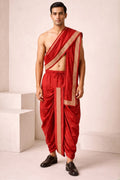 Red colour Cheeri silk dhoti and dupatta with gold zari border  and elastic drawstring waist